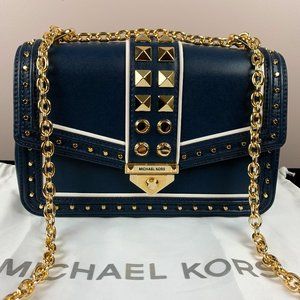 NWOT LARGE MICHAEL KORS SOHO STUDDED LEATHER SHOULDER BAG - NAVY w/GOLD